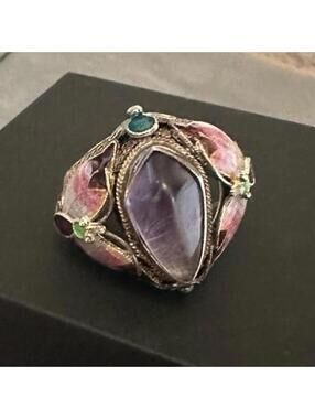 Chinese Export Enameled Butterfly Amethyst Statement Ring Vintage Size 7.75
